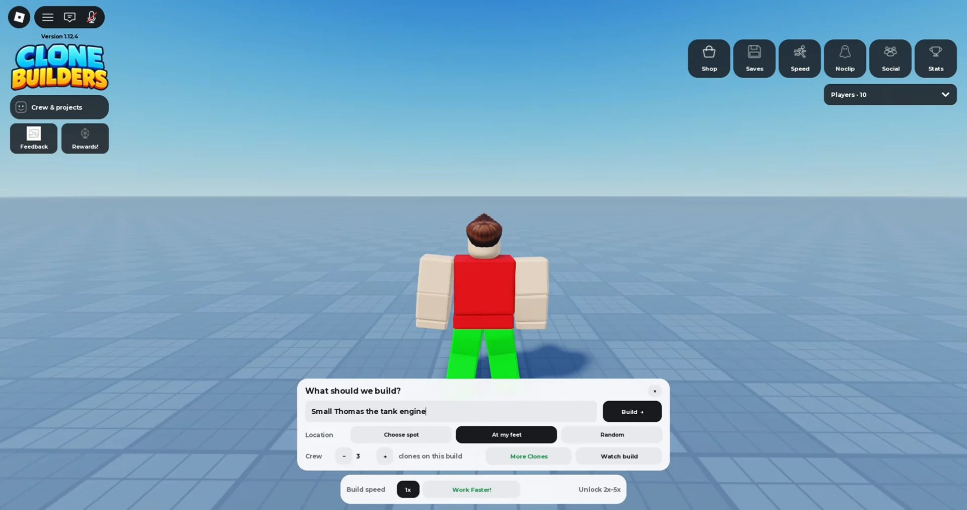 The Clone Builders build menu with a build idea typed in the What should we build? box, the three Location options, a crew of three clones on this build, and the Build speed bar below.