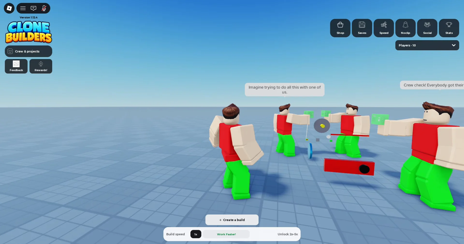 Four clone builders in red shirts and green pants standing around scattered build parts on the sandbox grid, with a Create a build button at the bottom of the screen.