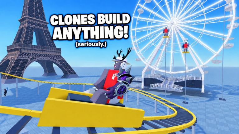 A Ferris wheel, a roller coaster cart on a yellow track, and a tall landmark-tower model on one island, under the banner Clones Build Anything.