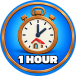 1 Hour Playtime! badge: a blue circular badge with a gold rim showing a stopwatch over a tiny house and the text 1 HOUR.