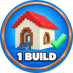 Finished a build! badge: a blue circular badge with a gold rim showing a small red-roofed house, a green check mark, and the text 1 BUILD.