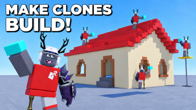 A clone character in a red shirt and white cap waves beside a half-built beige house with a red roof while other clones work on the walls and rooftop.